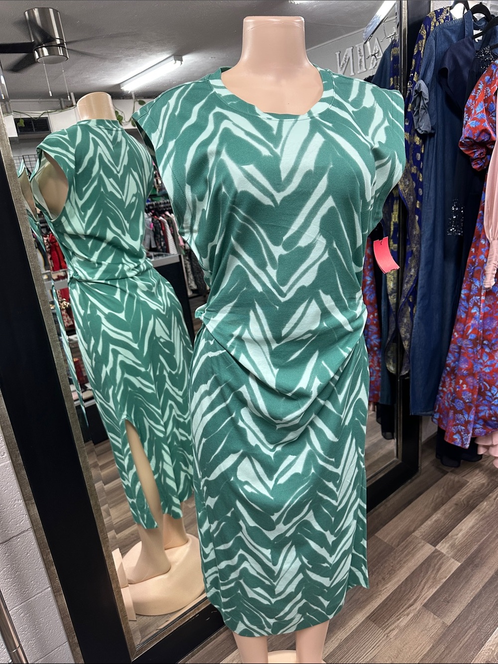 Tanya Taylor Green and White Zebra-Print Midi Dress